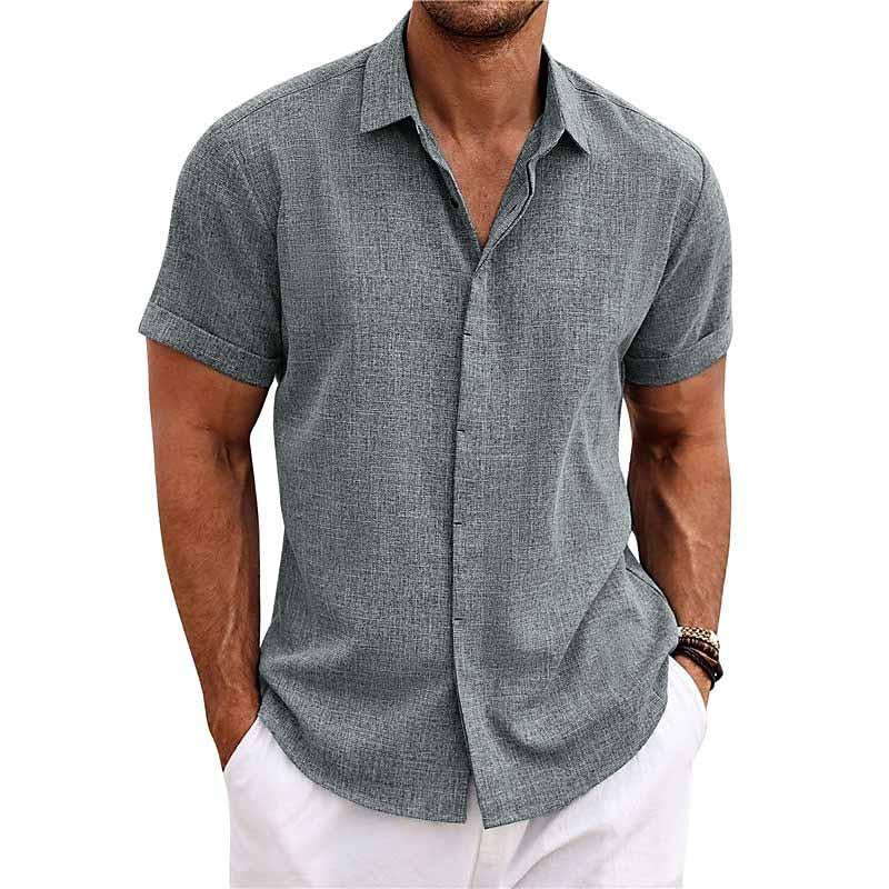 Men's Solid Color Lapel Cotton Linen Short Sleeve Shirt 9261774897336