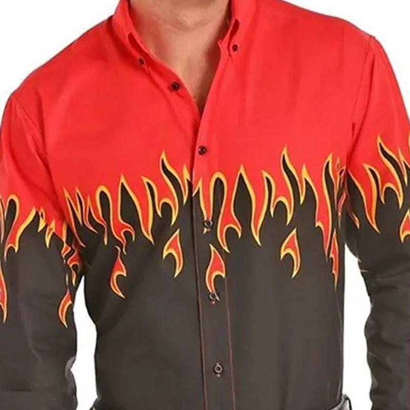 Men's Flame Print Resort Lapel Long Sleeve Shirt 9261814284472
