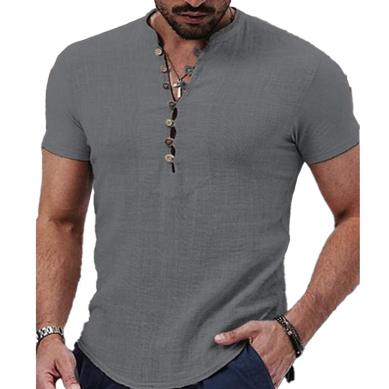 Men's Solid Color Stand Collar Button Down Half Cardigan Short Sleeve Shirt 9261783908536