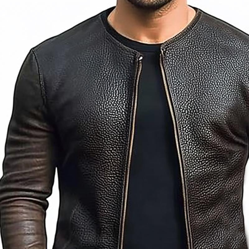 Men's Grainy Zippered Leather Jacket 9877925757112