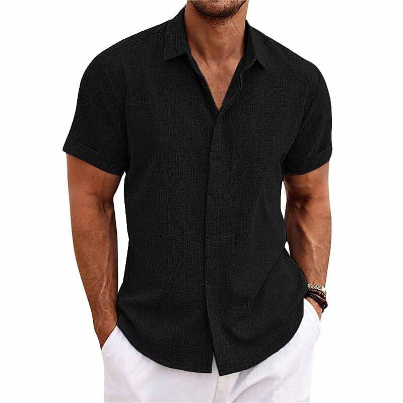 Men's Solid Color Lapel Cotton Linen Short Sleeve Shirt 9261774897336