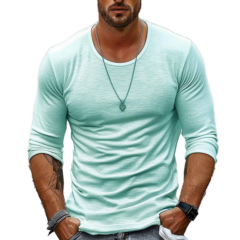 Men's Casual Solid Color Round Neck Long Sleeve T-Shirt 9261116883128