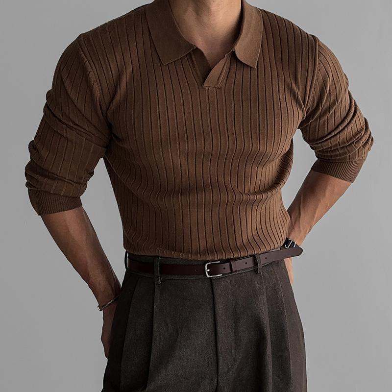 Men's Retro Classic Casual Solid Color Threaded Elastic Lapel Slim Fit Sweater 9262181384376