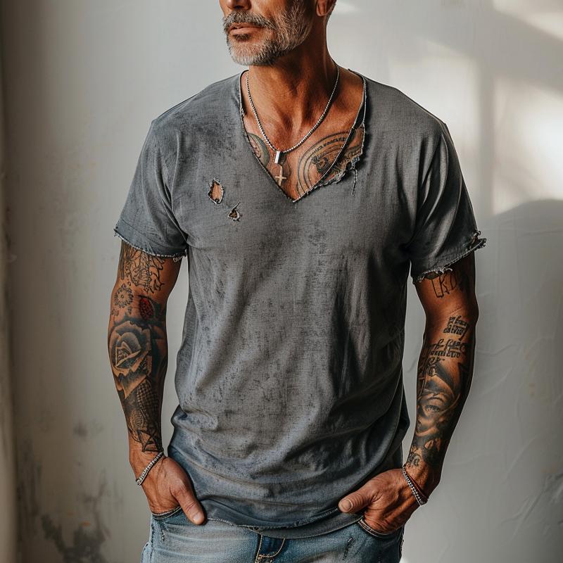 Men's Distressed Ripped Raw Edge V-Neck Short-Sleeved T-Shirt 9261118357688