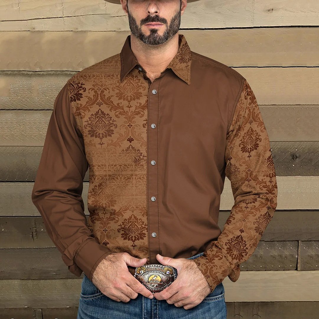 Men's Western Denim Print Lapel Long Sleeve Shirt 9261779583160