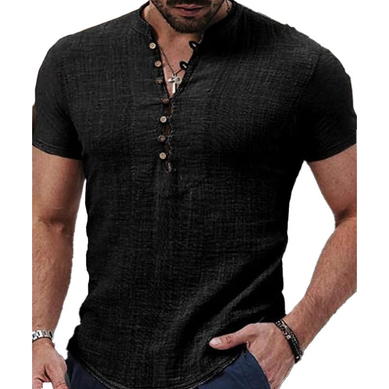 Men's Solid Color Stand Collar Button Down Half Cardigan Short Sleeve Shirt 9261783908536