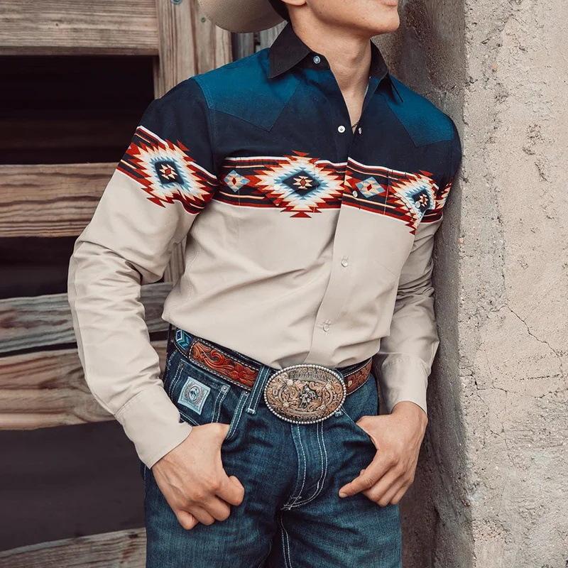 Men's Western Denim Print Lapel Long Sleeve Shirt 9261779583160