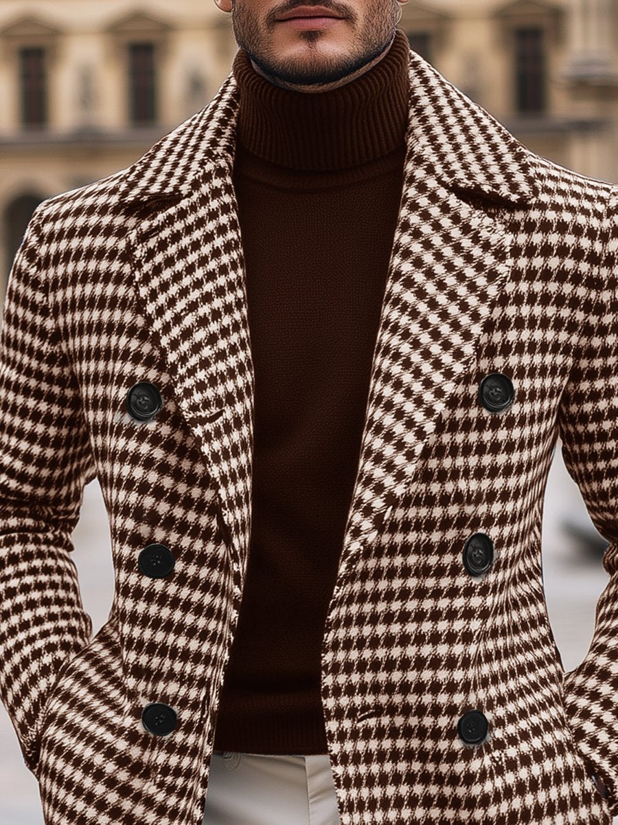 Men's Fashion Retro Houndstooth Double Breasted Long Coat 9888736575672