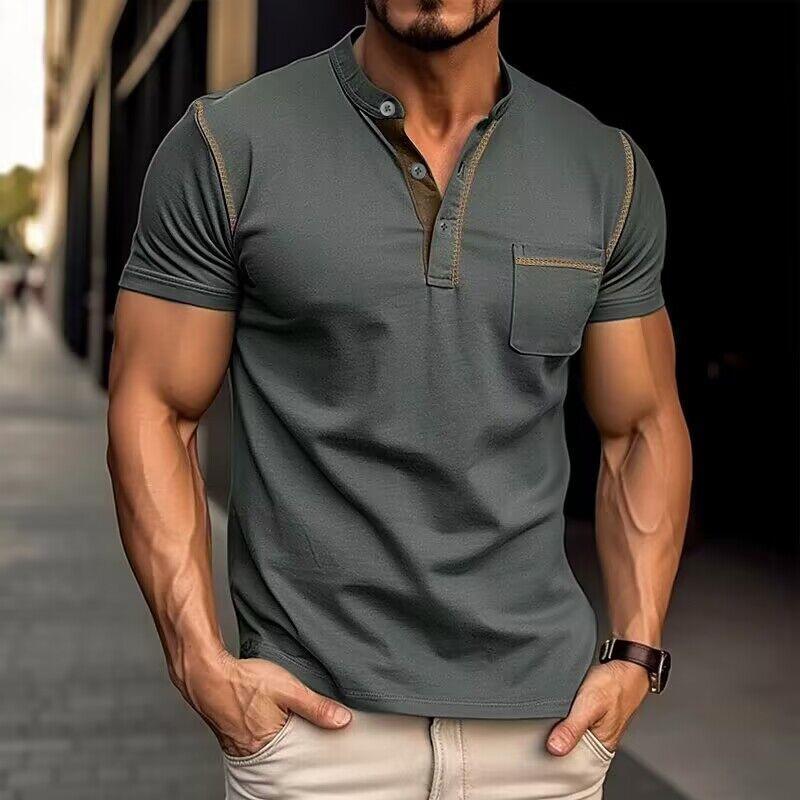 Men's Casual Colorblock Henley Collar Short Sleeve T-Shirt 9261116784824