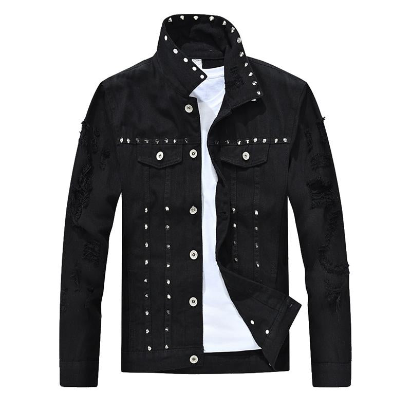 Men's Riveted Motorcycle Denim Ripped Jacket 9266613092536