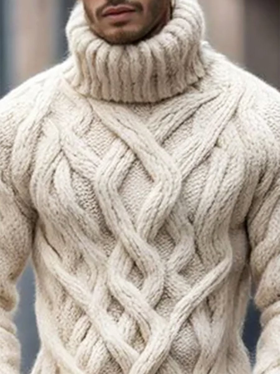 Men's Casual Solid Cable Knit Long Sleeve Turtleneck Sweater 9888735068344