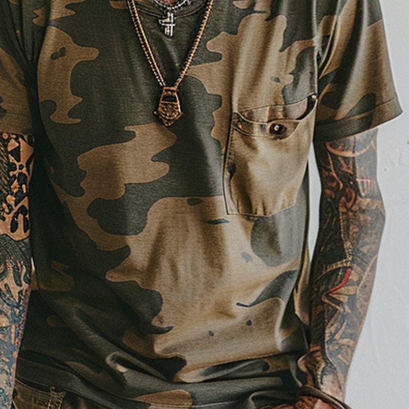 Men's Vintage Camo Print V-Neck Chest Pocket Short Sleeve T-Shirt 9261122355384