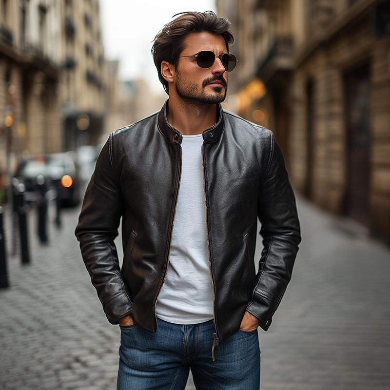 Men's Elegant Stand Collar Slim Zipper Leather Jacket 9261083361464
