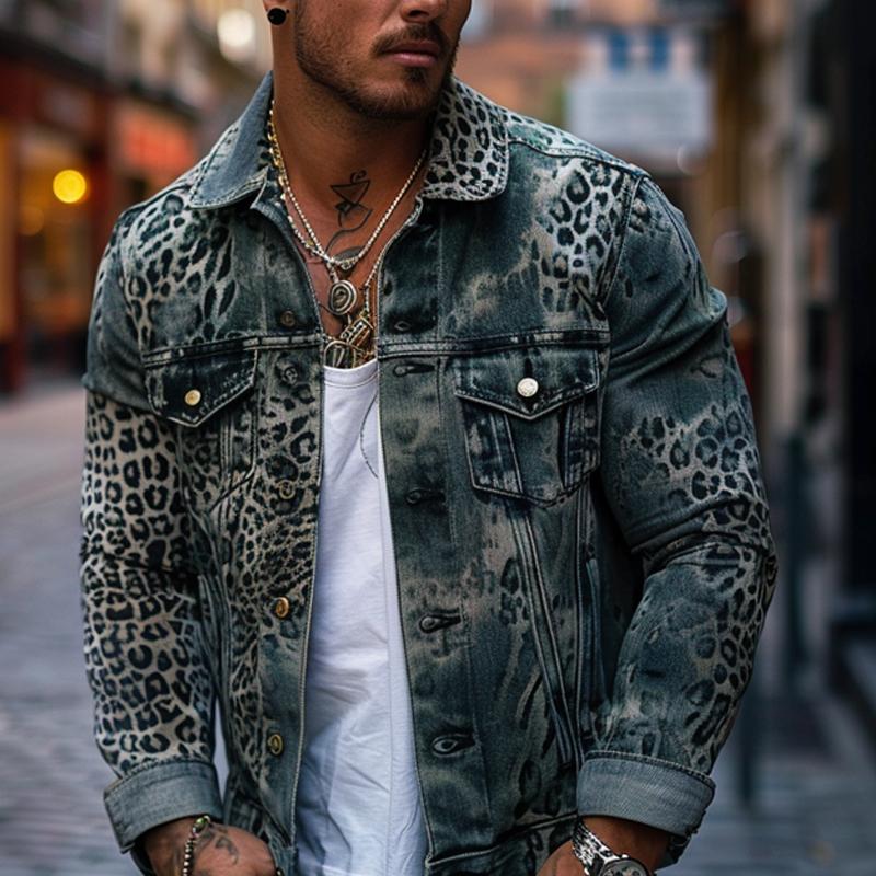 Men's Leopard Ombre Print Denim Trucker Jacket 9261077921976