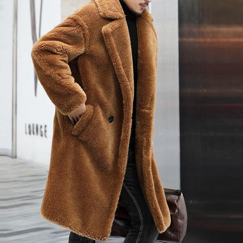 Men's Warm Solid Color Teddy Plush Lapel Long Coat 9261100728504