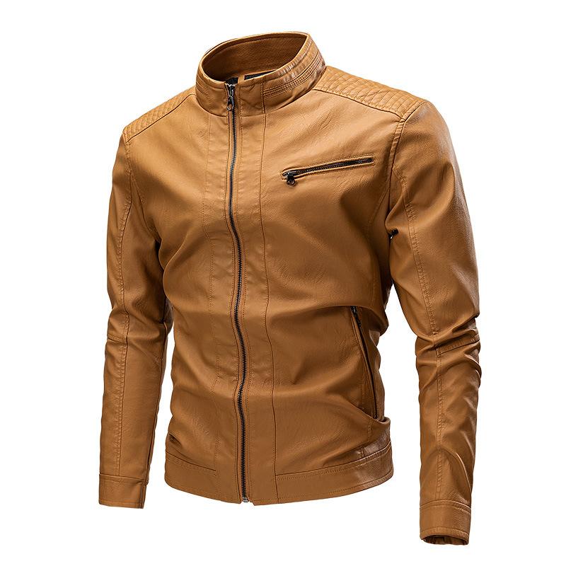 Men's Solid Color Leather Zip-Up Motorcycle Jacket 9266613059768
