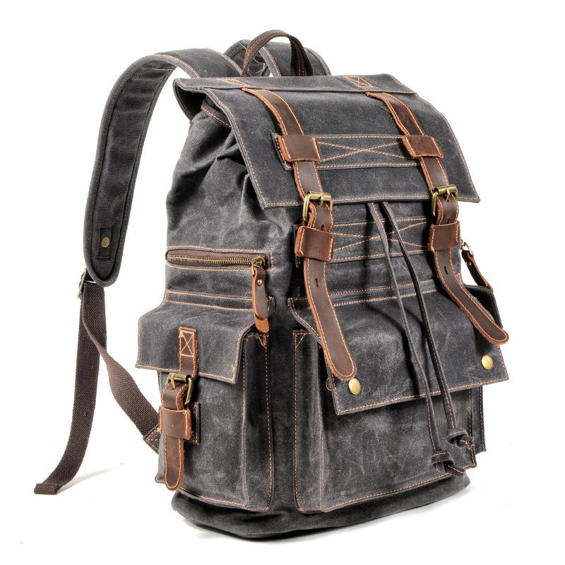 Men's Vintage Beeswax Canvas Outdoor Leather Multi-Pocket Backpack 9262190395576