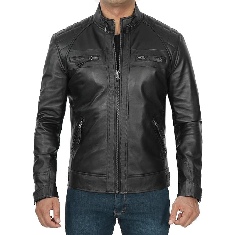 Men's Quilted Panel Zip-Up Leather Jacket 9873141432504