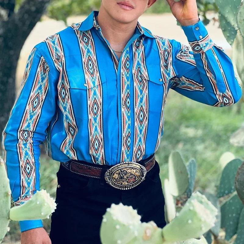 Men's Western Denim Print Lapel Long Sleeve Shirt 9261779583160