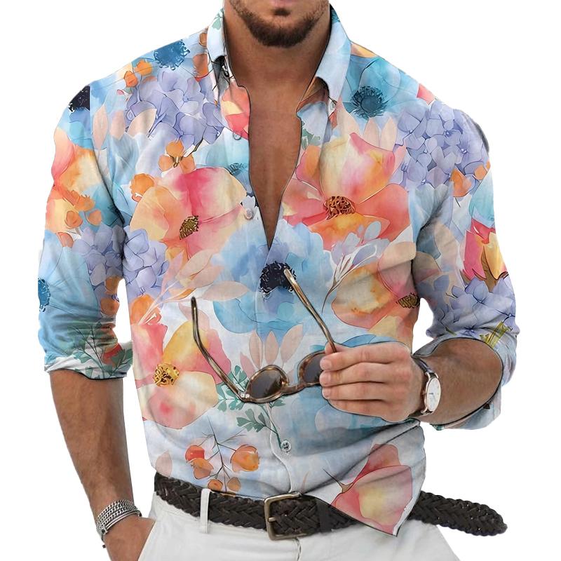 Men's Hawaiian Floral Print Long Sleeve Lapel Shirt 9261795803320