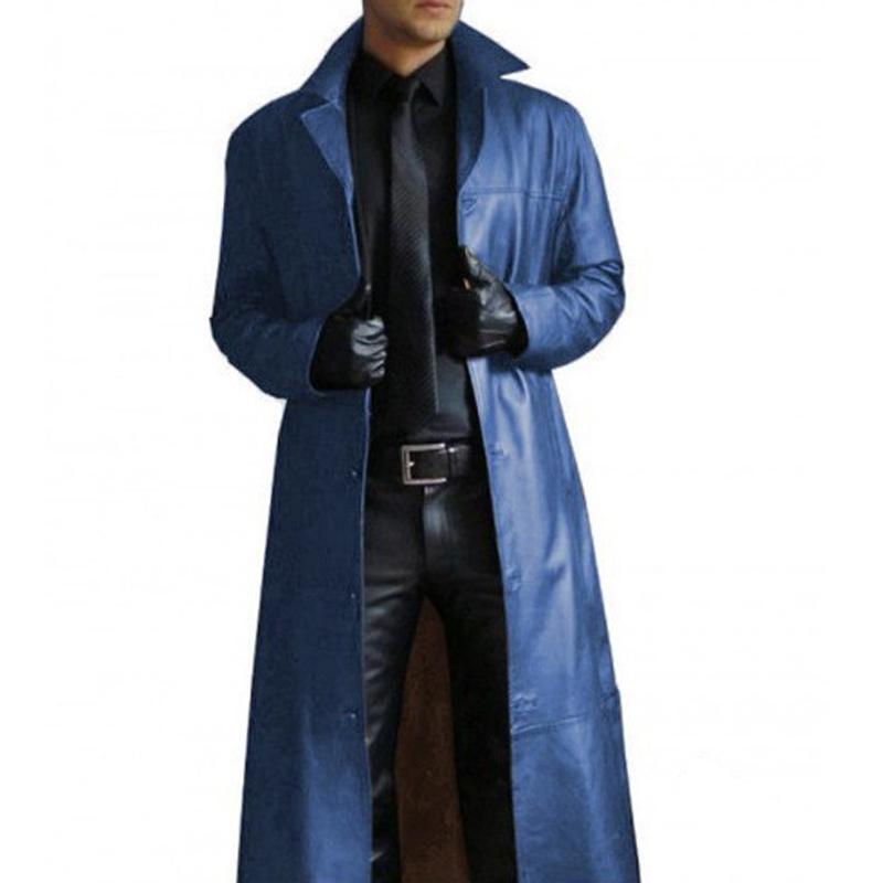 Men's Vintage Solid Color Lapel Leather Trench Coat 9261100925112