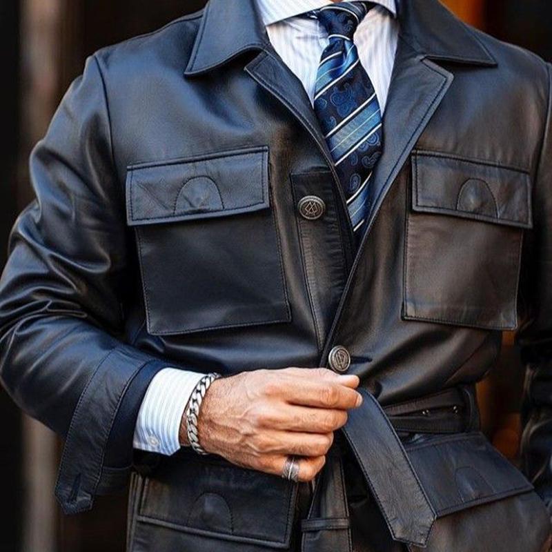 Men's Solid Black Belt Lapel Leather Jacket 9873521639608