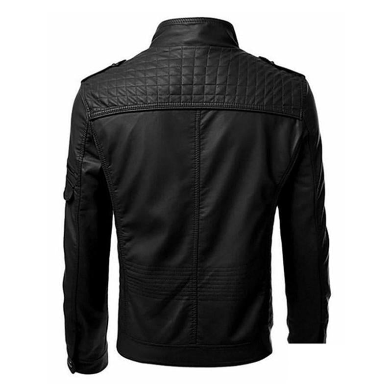 Men's Vintage Patchwork Stand Collar Zipper Leather Biker Jacket 9261083820216