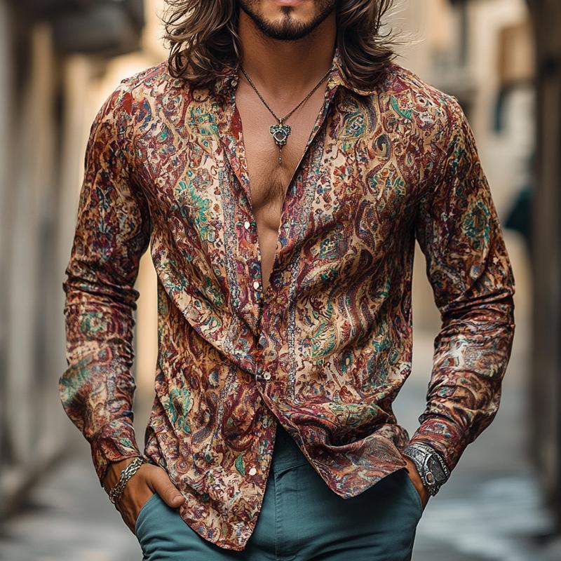 Men's Retro Casual Print Lapel Long Sleeve Shirt 9886819614904