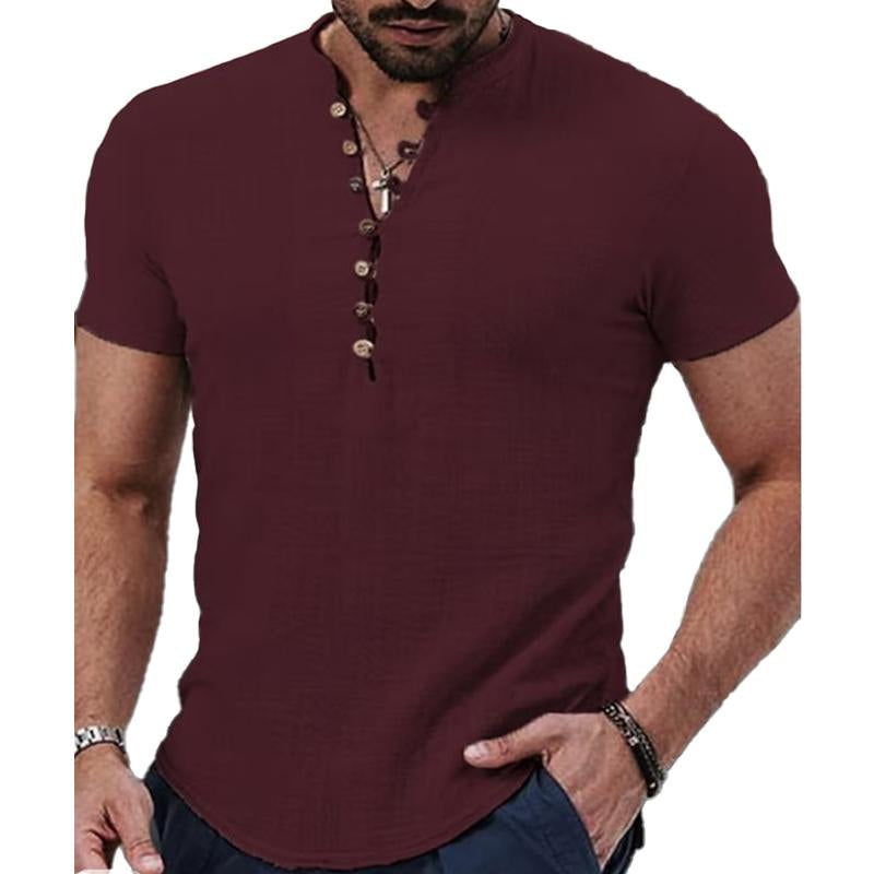 Men's Solid Color Stand Collar Button Down Half Cardigan Short Sleeve Shirt 9261783908536