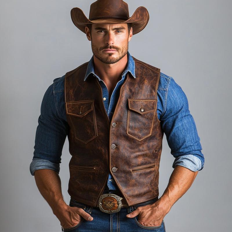 Men's Vintage Three Button Distressed Leather Vest 9873134911672