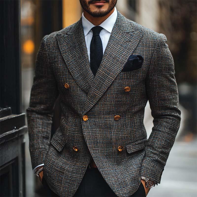 Men's Classic Retro Double Breasted Plaid Slim Fit Blazer 9274167034040