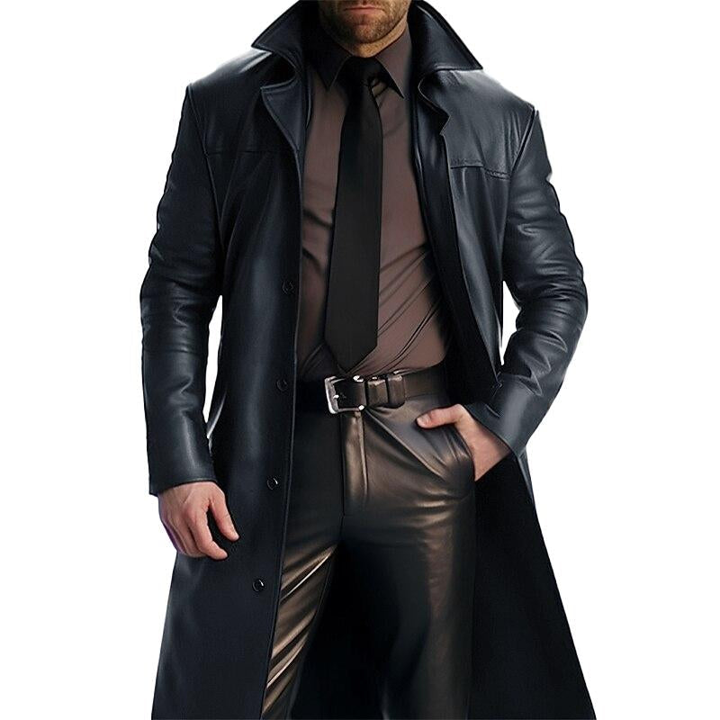 Men's Vintage Solid Color Mid-Length Lapel Leather Coat 9261104431288