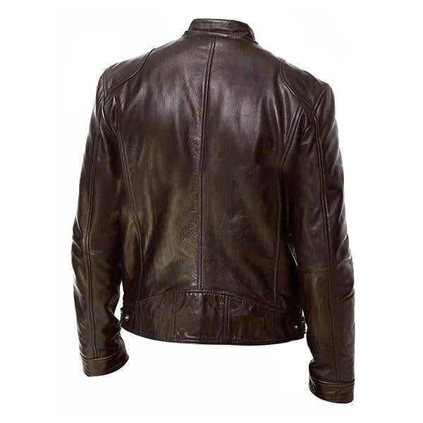 Men's Stand Collar Slim Fit Zip Pocket Leather Jacket 9261077856440