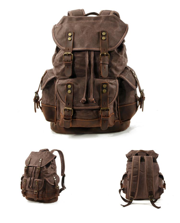 Men's Vintage Outdoor Canvas Stitching Leather Multi-Pocket Backpack 9262190624952