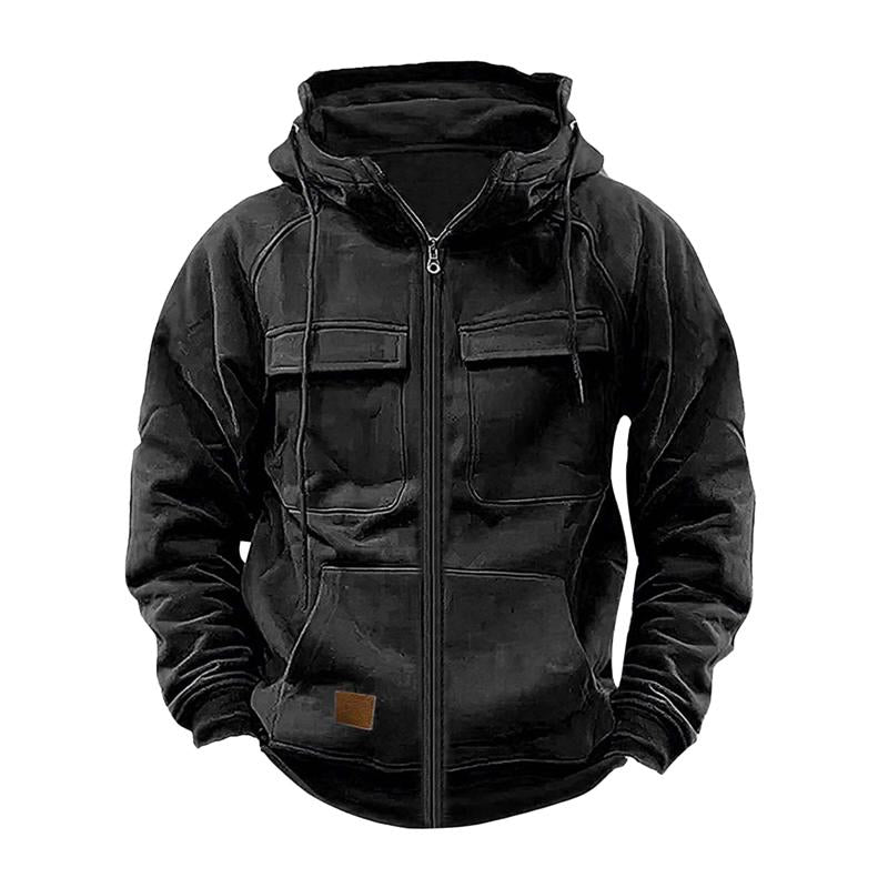 Men's Casual Solid Color Hooded Multi-Pocket Sweatshirt Jacket 9261082607800