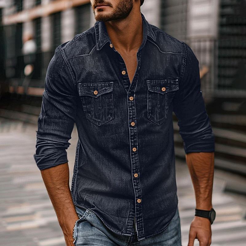 Men's Vintage Washed Distressed Denim Lapel Shirt 9261796753592