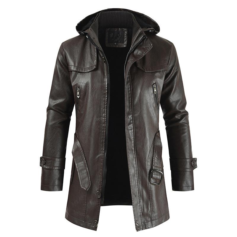 Men's Vintage Hooded Mid Length Leather Coat 9261101908152