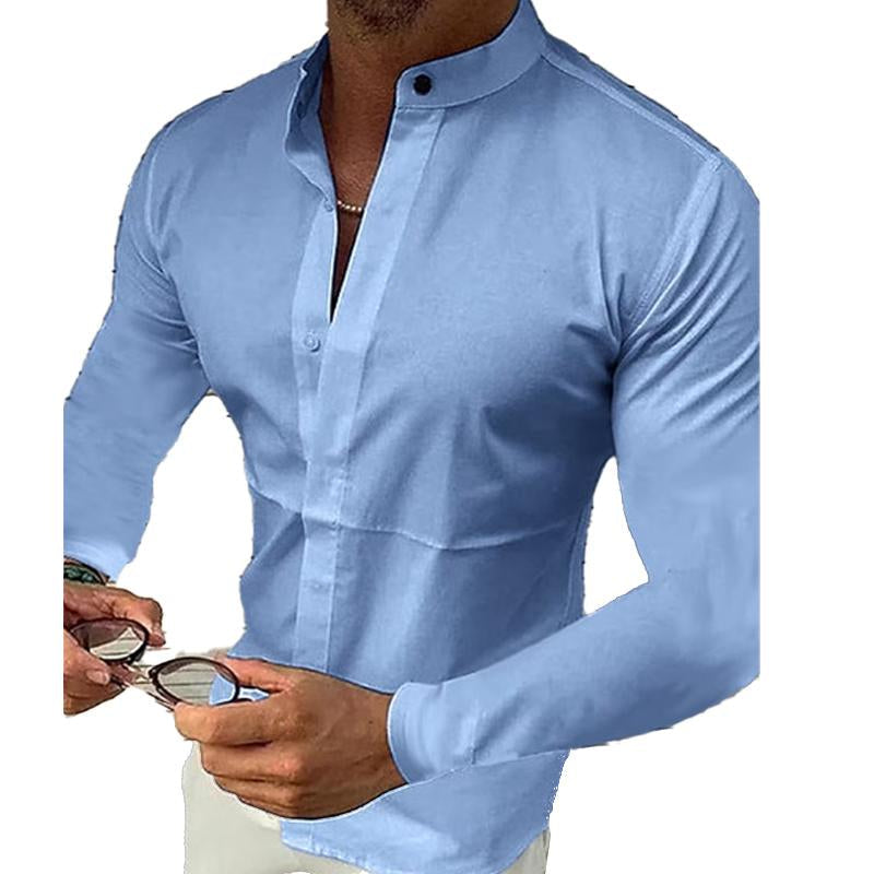 Men's Stand Collar Solid Color Long Sleeve Shirt 9261781614776