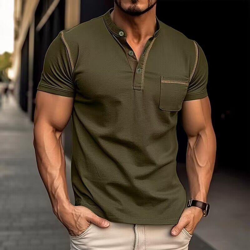 Men's Casual Colorblock Henley Collar Short Sleeve T-Shirt 9261116784824