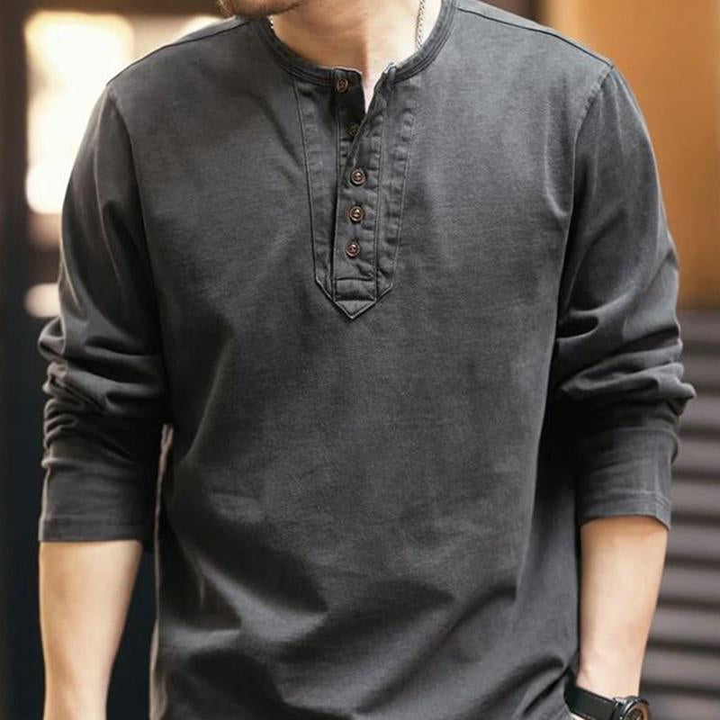 Men's Casual Button Round Neck Long Sleeve Solid Color T-Shirt 9887384043704