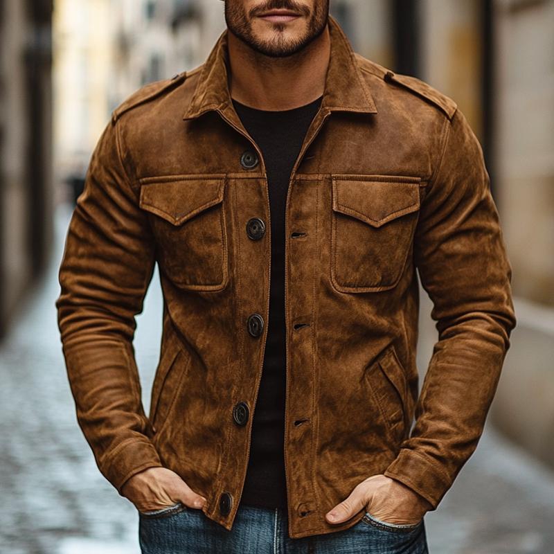 Men's Vintage Casual Suede Button Pocket Jacket 9269591507128