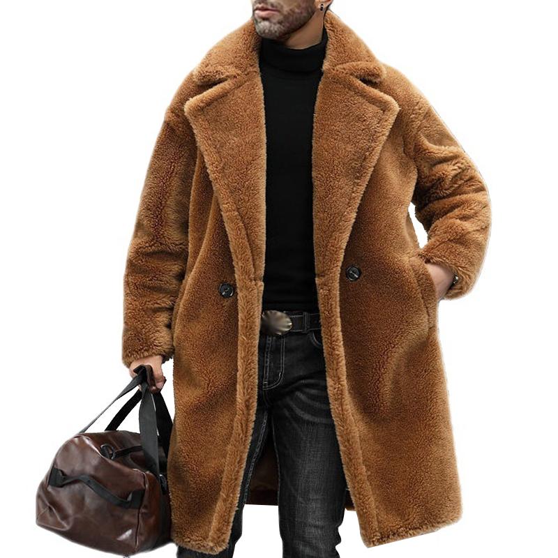 Men's Warm Solid Color Teddy Plush Lapel Long Coat 9261100728504