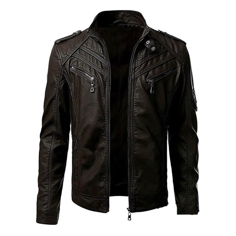 Men's Vintage Patchwork Stand Collar Zipper Leather Biker Jacket 9261083820216