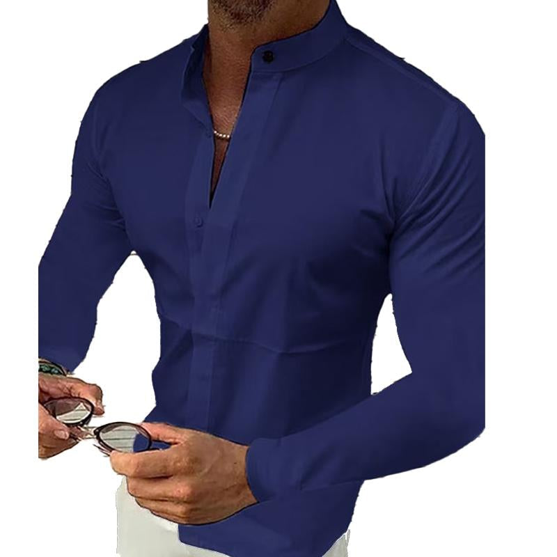 Men's Stand Collar Solid Color Long Sleeve Shirt 9261781614776