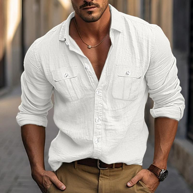 Men's Solid Color Double Pocket Cotton and Linen Long Sleeve Shirt 9261778305208