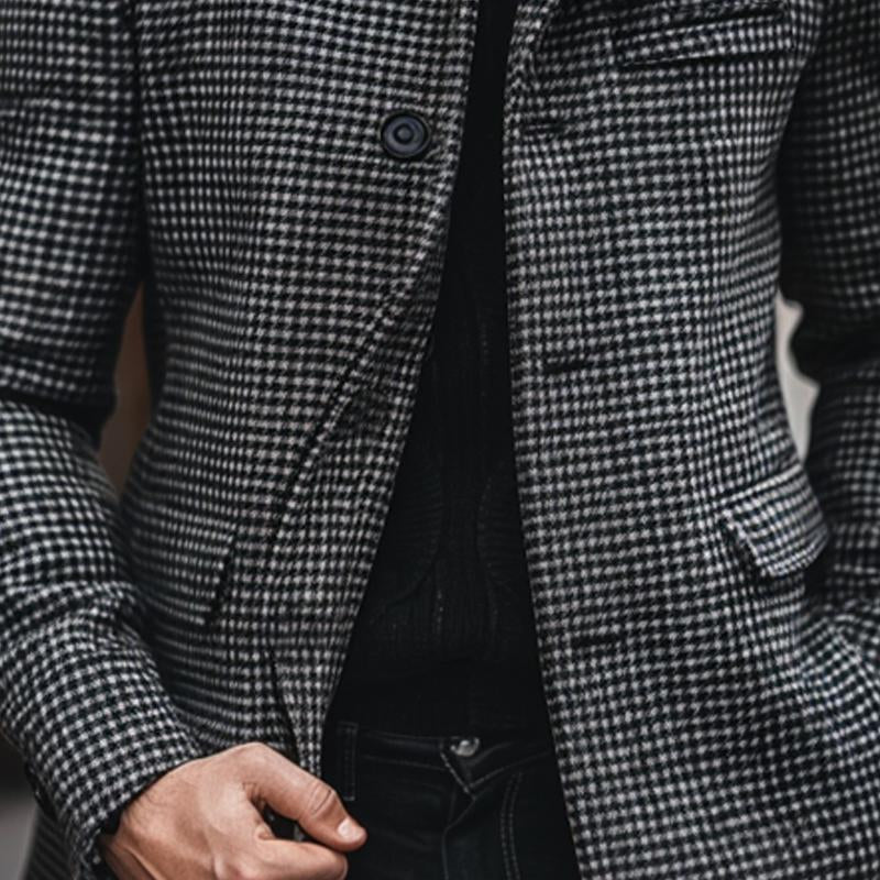 Men's Retro Slim Stand Collar Houndstooth Coat 9274167853240