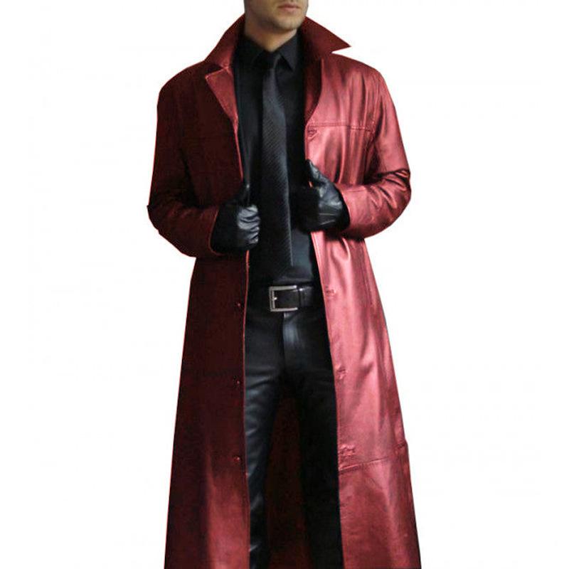 Men's Vintage Solid Color Lapel Leather Trench Coat 9261100925112