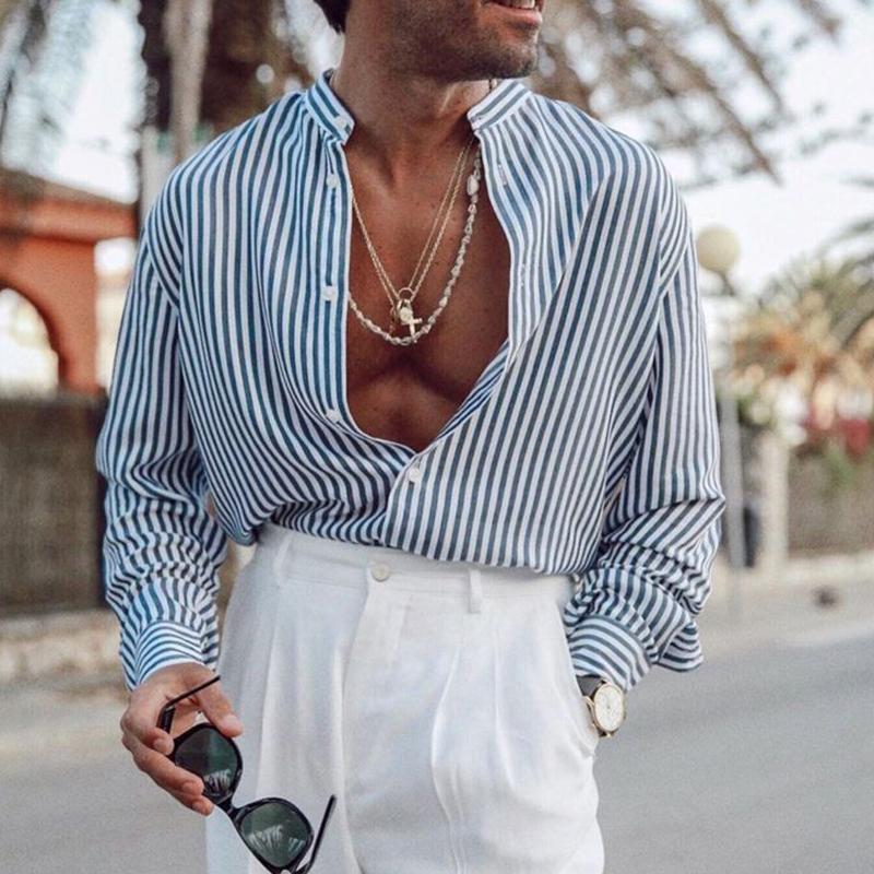 Men's Cotton and Linen Striped Lapel Long-sleeved Shirt 9885321035960