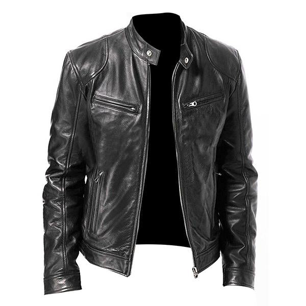 Men's Stand Collar Slim Fit Zip Pocket Leather Jacket 9261077856440