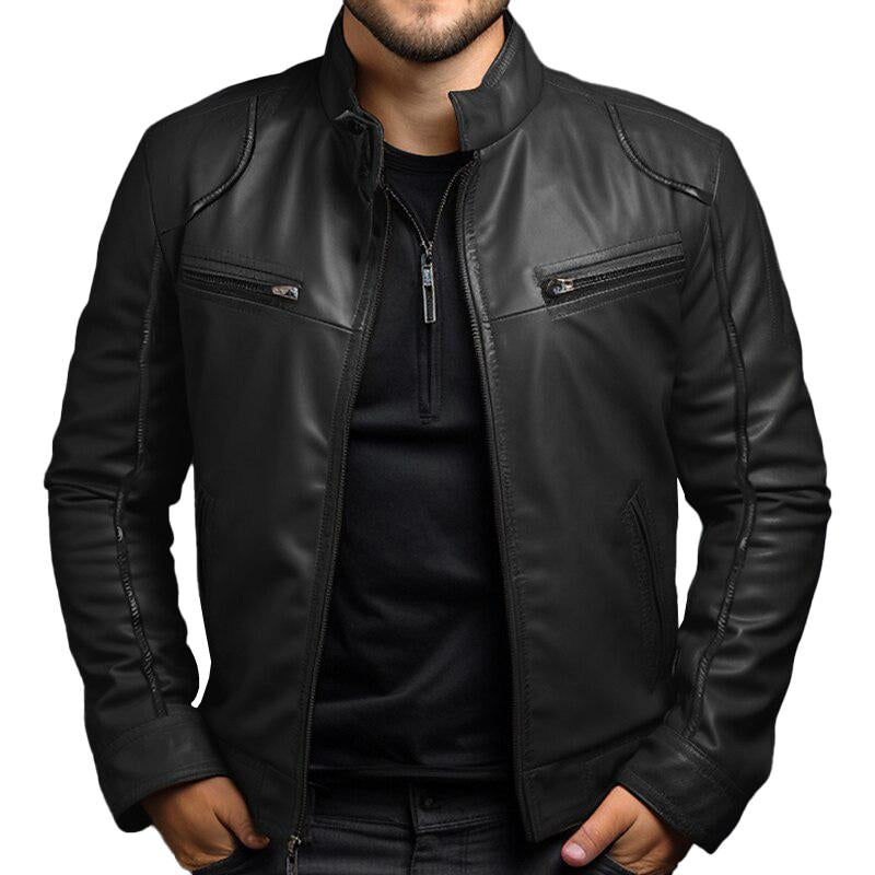 Men's Vintage Stand Collar Zipper Slim Leather Jacket 9261079789752